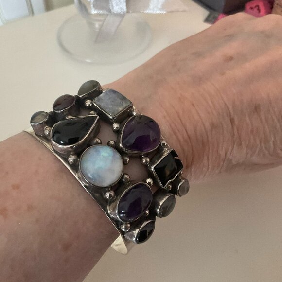 925 sterling silver cuff bracelet with 12 semi-precious stones - Picture 2 of 8